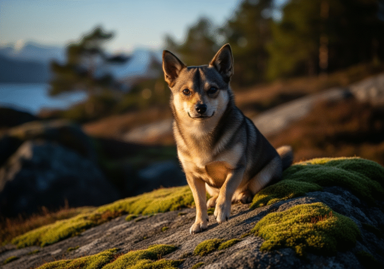 "A Norwegian Lundehund, one of the world's most fascinating rare dog breeds, stands proudly on a rock."