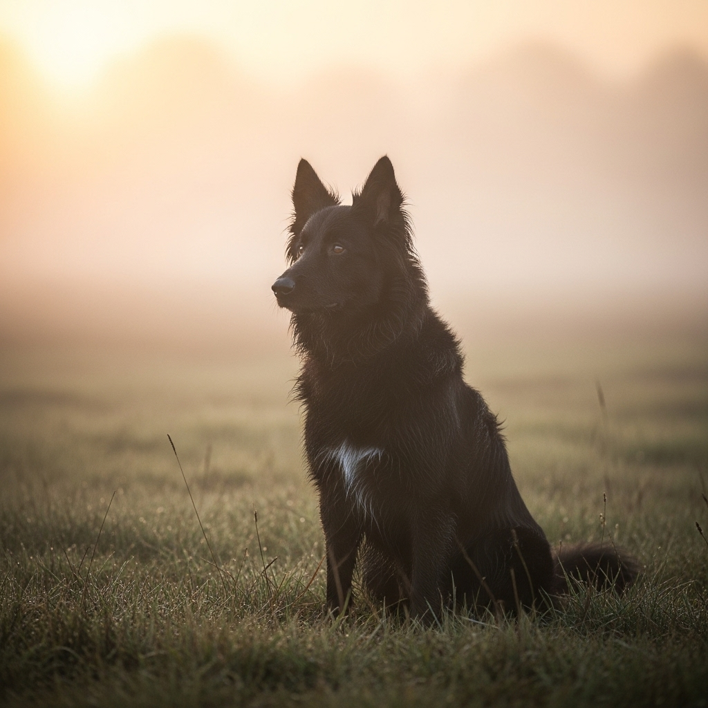 "A thoughtful Mudi sitting in a field, representing the unique history behind many rare dog breeds."