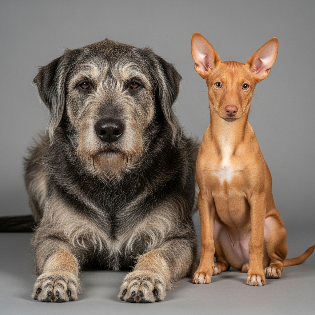 "An Otterhound and a Cirneco dell’Etna sitting together, highlighting the incredible diversity of rare dog breeds."