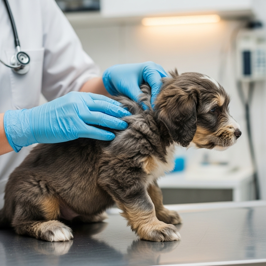 "A veterinarian carefully examines a puppy, illustrating the importance of professional health care for rare dog breeds."