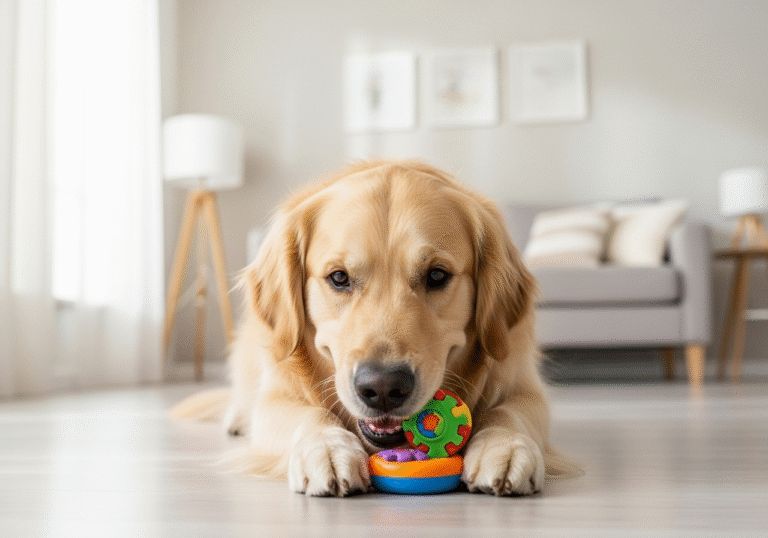 "A golden retriever playing with one of several indoor games for dogs, a colourful puzzle toy."