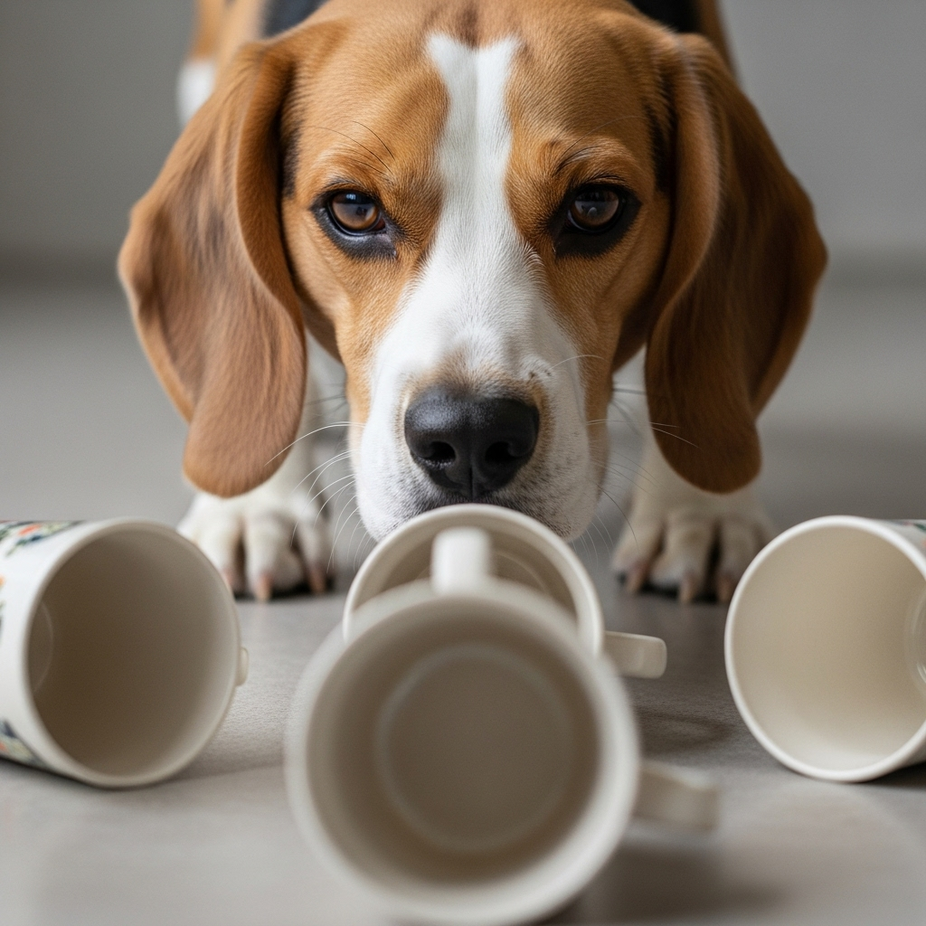 "A Beagle intensely focused on one of the classic indoor games for dogs: the shell game."
