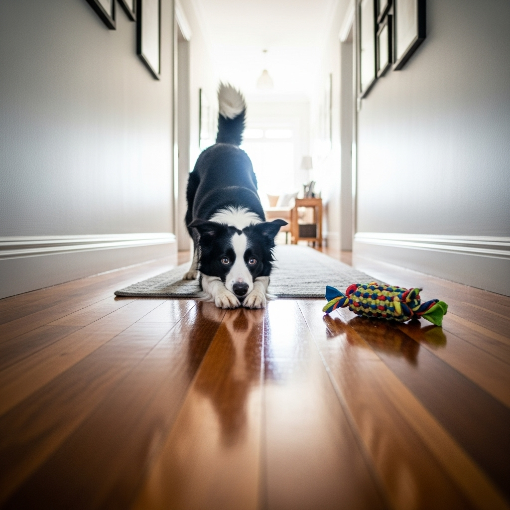 "A Border Collie enjoying a game of indoor fetch, one of the best active indoor games for dogs."