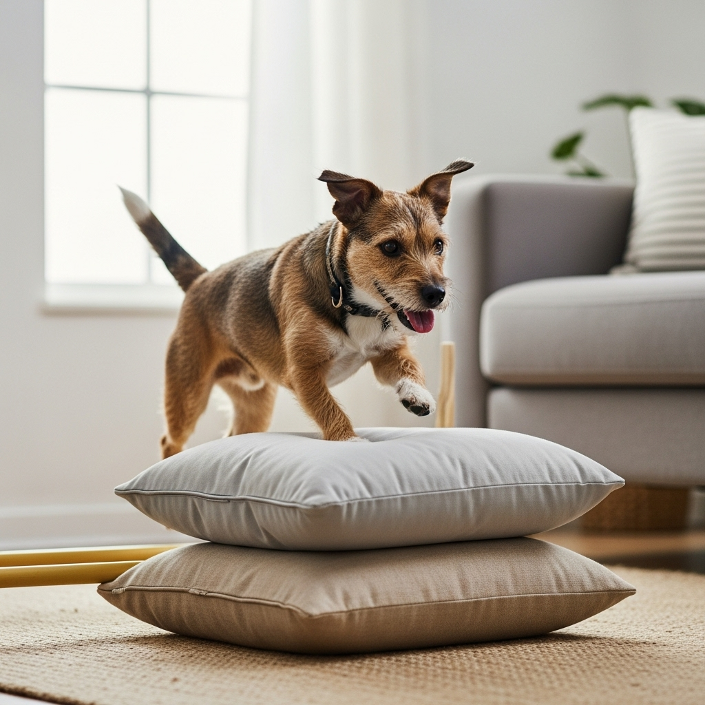 "A small dog navigates a DIY agility course, a creative example of indoor games for dogs."