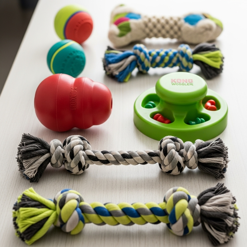 "A variety of vet-approved, safe toys suitable for fun indoor games for dogs."