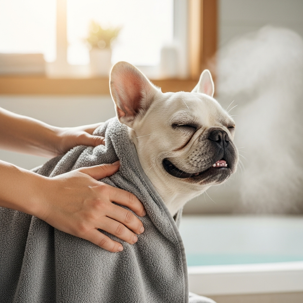 "A calm dog enjoying a gentle massage during a home spa day, one of several relaxing dog birthday ideas for anxious pets."