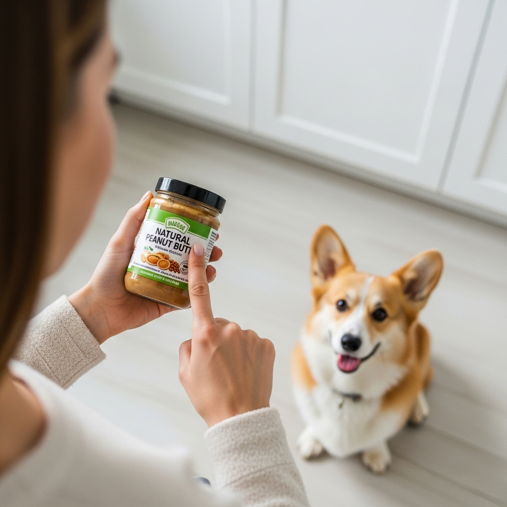 "A pet owner carefully checks the ingredient label on a jar of peanut butter, an important safety tip for vet-approved dog birthday ideas."