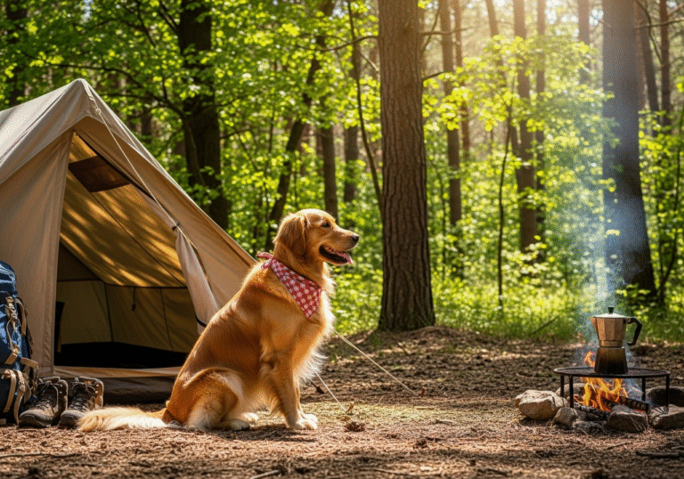 "A golden retriever enjoying a beautiful day while camping with its owner, illustrating the joys of camping with your dog."