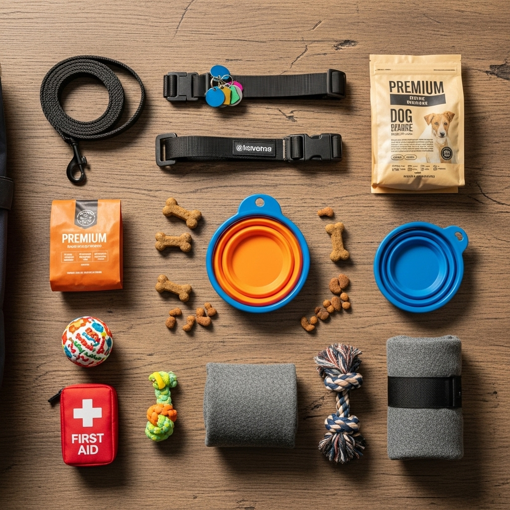 "An organized display of essential gear for camping with your dog, including a leash, bowl, and food."