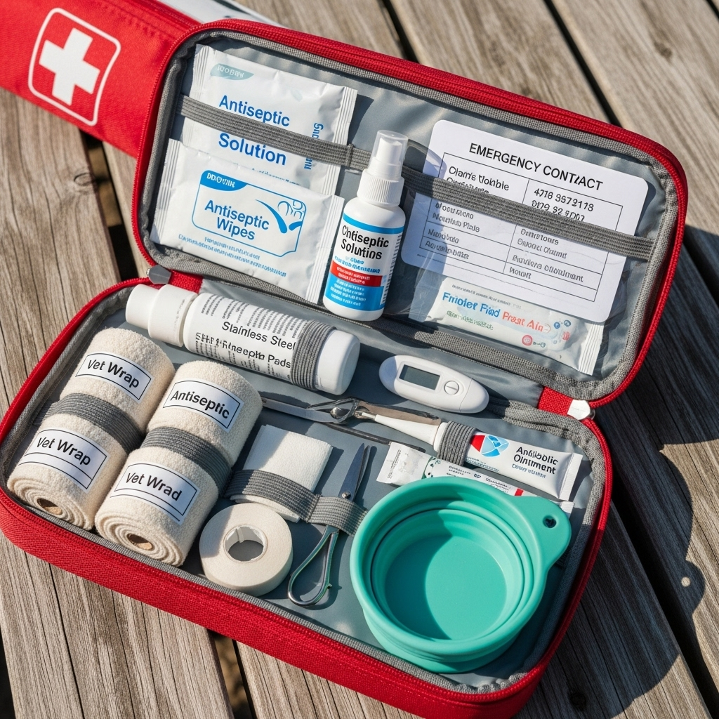 "A comprehensive first-aid kit, a crucial item when camping with your dog to handle minor injuries."