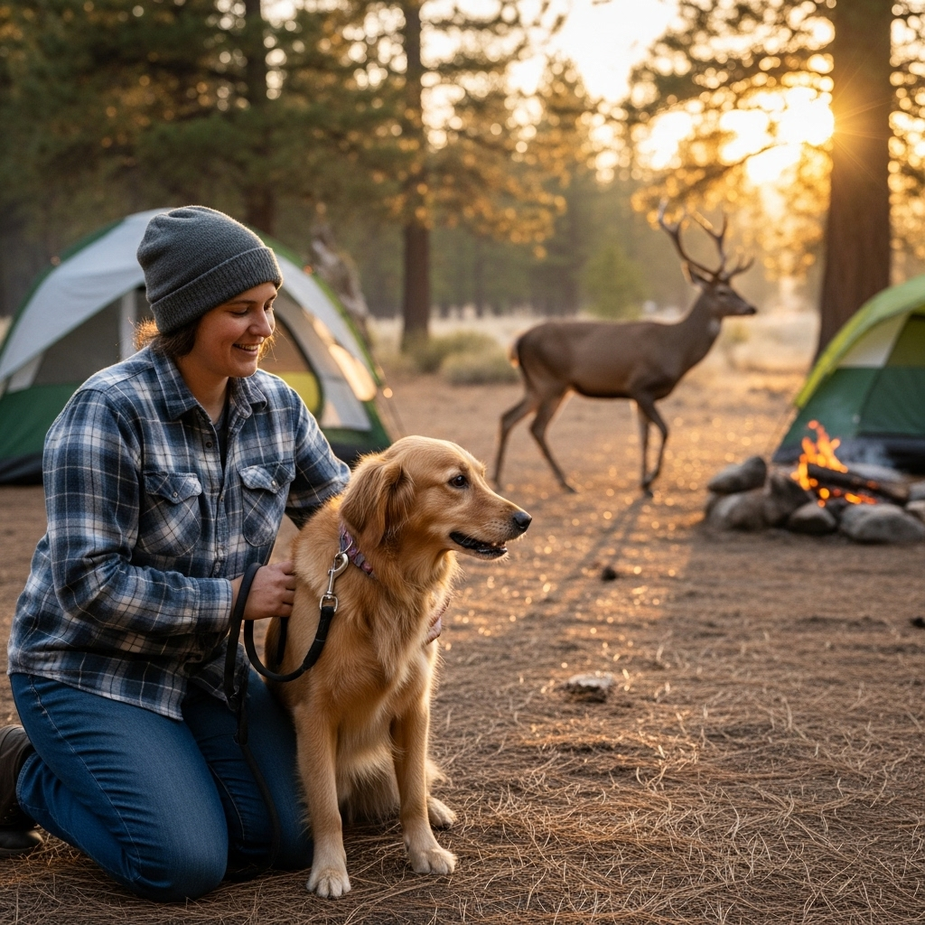"A responsible owner maintaining control of their pet during a wildlife encounter while camping with your dog."
