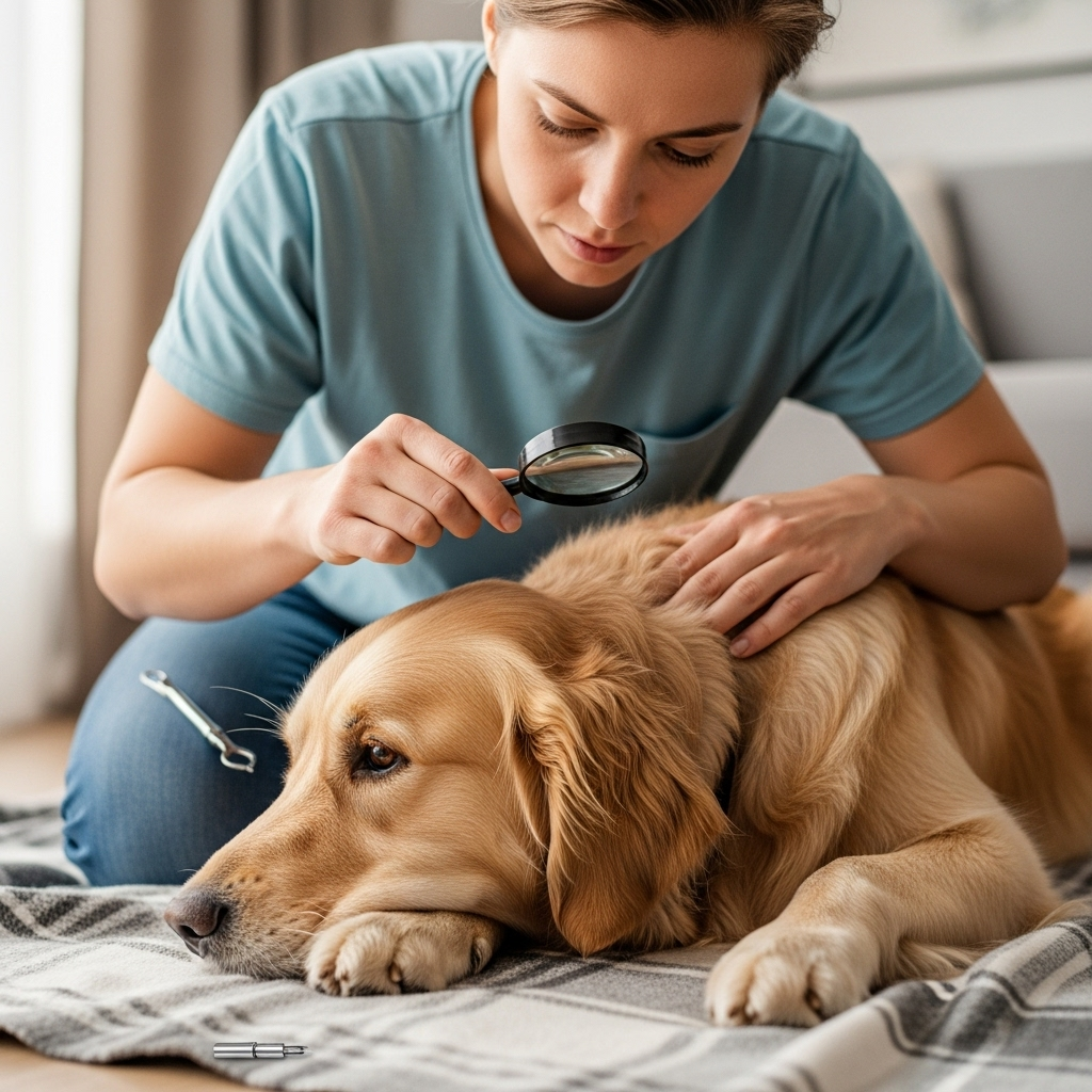 "A pet owner performing a thorough tick check after camping with your dog to ensure their pet's health."