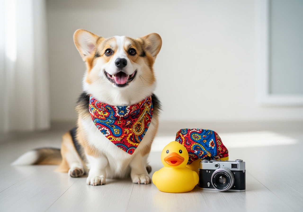 "A Corgi sits with props, preparing for a photoshoot that uses creative dog photo ideas."