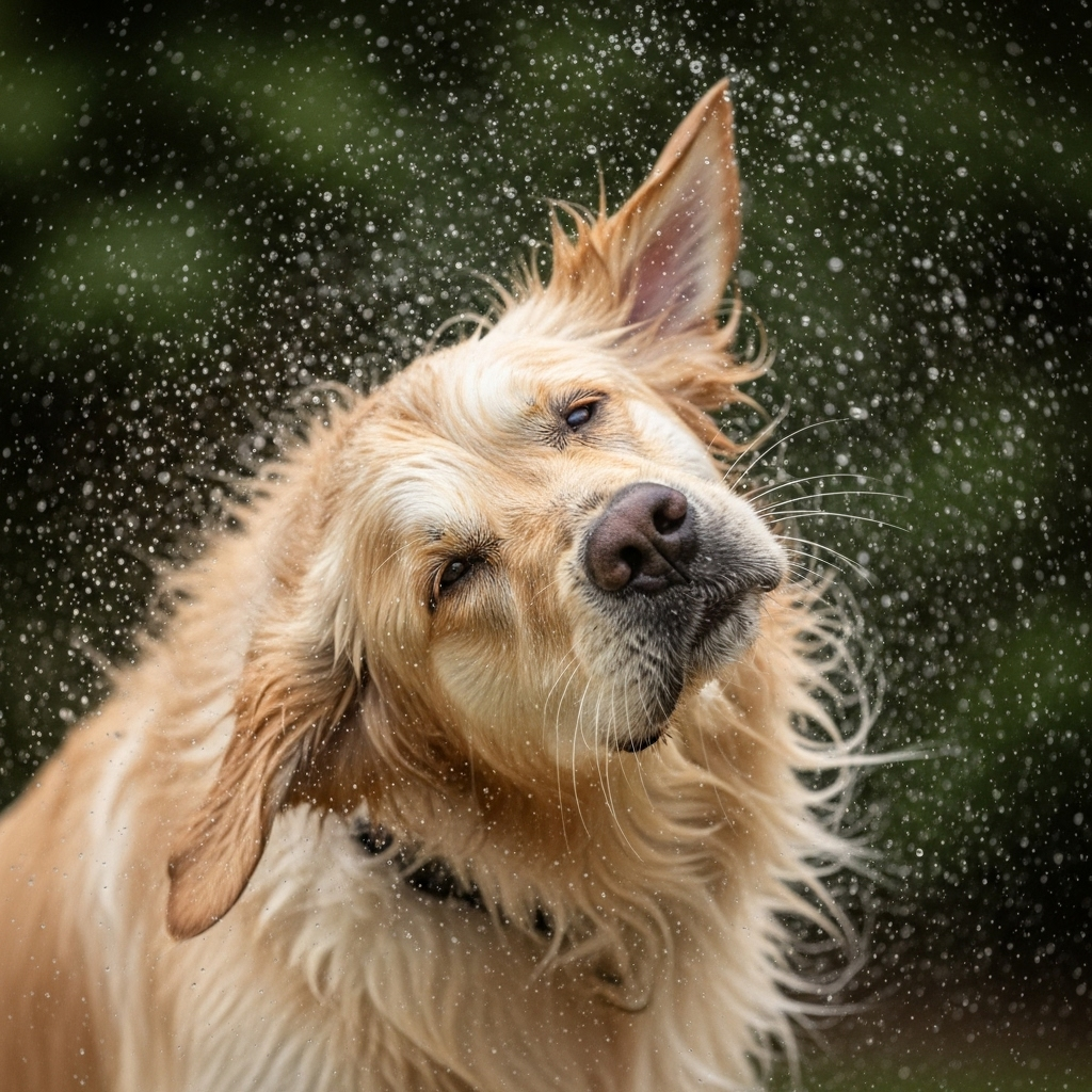 "An action shot capturing flying water droplets, a great example of dynamic dog photo ideas for active pets."