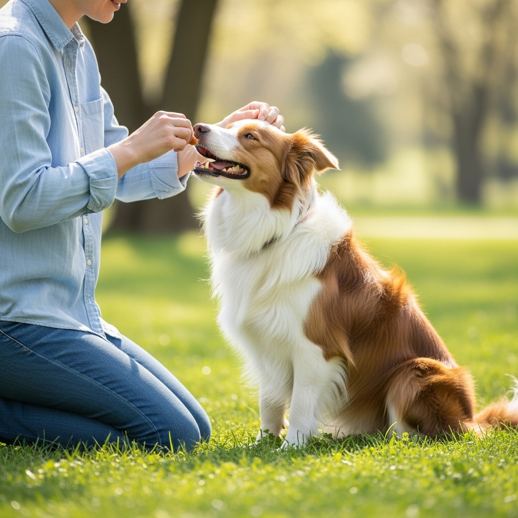 "A dog receiving a treat from its owner, demonstrating the importance of safety and positivity when trying new dog photo ideas."