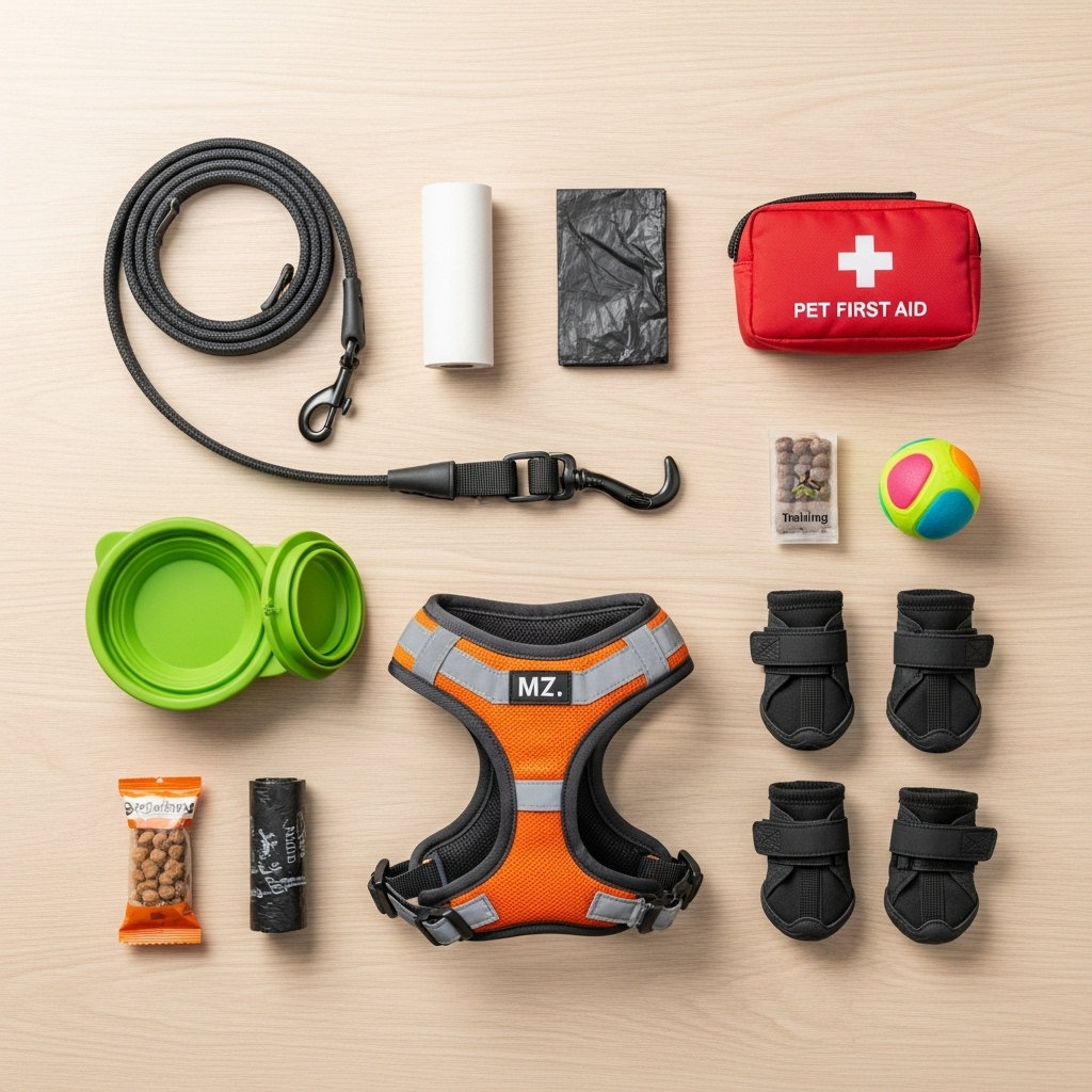 "A checklist of essential gear for hiking with dogs, including a leash, bowl, and first-aid kit."