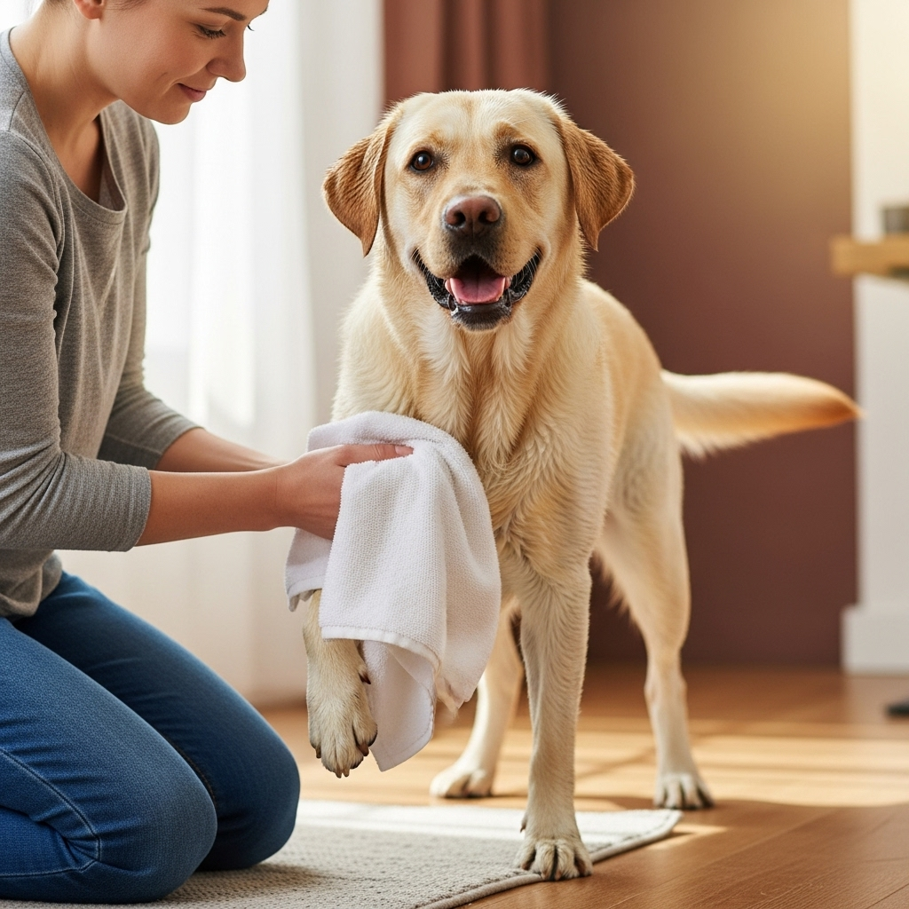 "A dog owner performing a post-hike paw check, a key part of safely hiking with dogs."