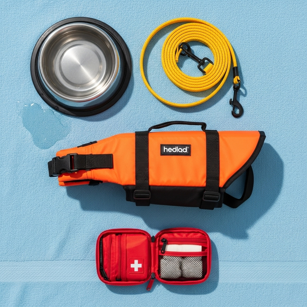 "Essential items for a dog swimming safety kit, including a life jacket and first-aid supplies."
