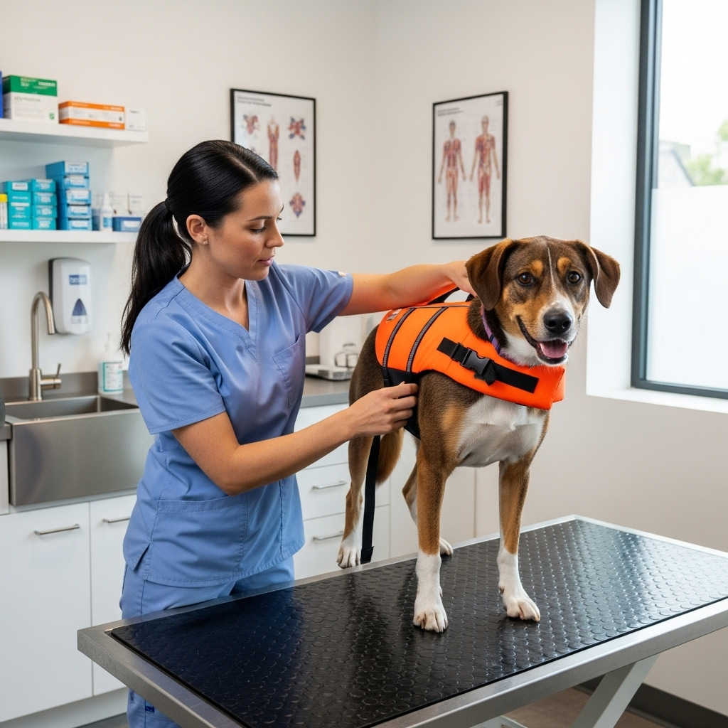 "A veterinarian showing the correct way to ensure a life vest fits, an important aspect of dog swimming safety."