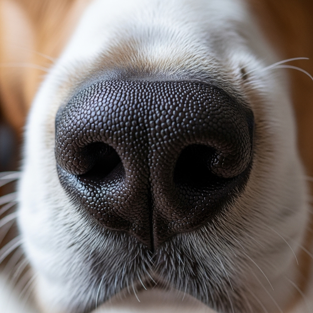 "A close-up of a dog's nose, which holds many fun facts about dogs' sense of smell."