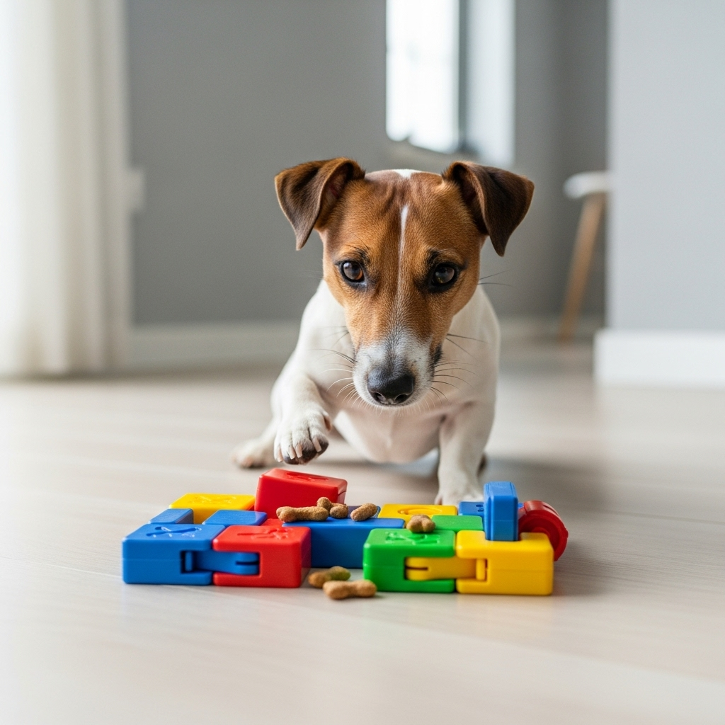 "An intelligent dog solving a puzzle, demonstrating one of the key fun facts about dogs' cognitive abilities."