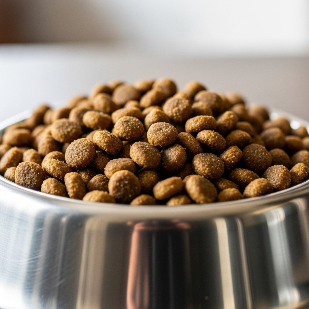 "A bowl of appropriate kibble for feeding during the first week with a puppy."