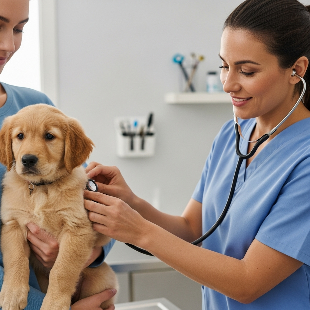 "A veterinarian examining a calm puppy during its first vet visit."