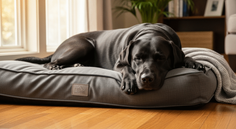 A large dog resting on a soft bed to prevent an elbow hygroma in dogs.