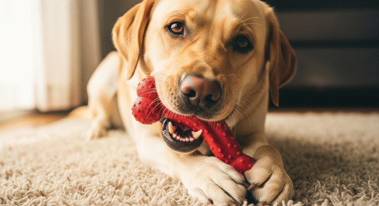 A happy dog engaged in positive, non-destructive chewing on a safe toy.