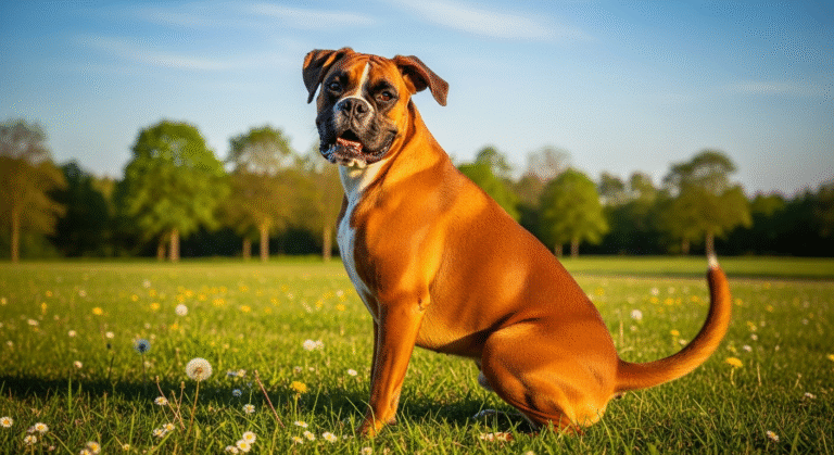 A healthy Boxer, a breed prone to the condition, showcasing a full coat after successful management of flank alopecia in dogs.