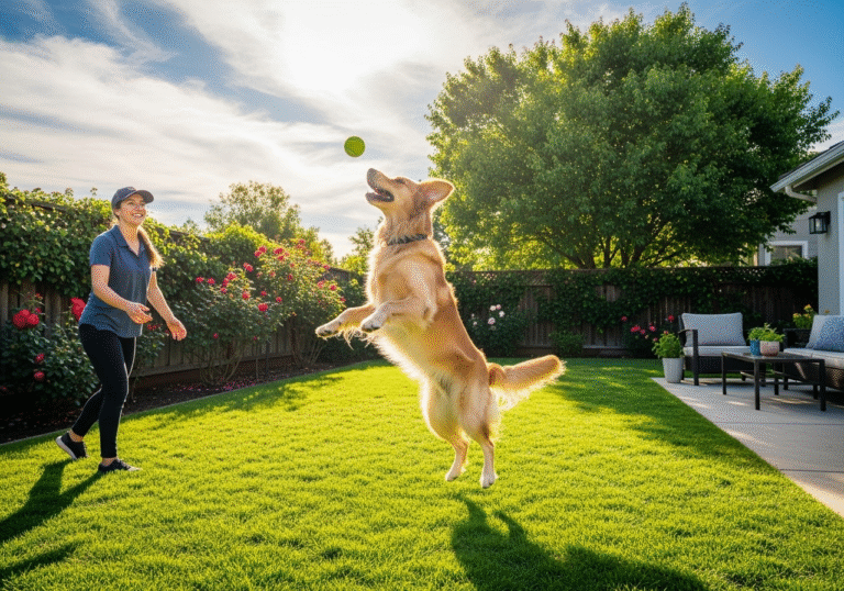 "A vibrant, wide shot of a happy Golden Retriever playing fetch with its owner in a lush, hole-free backyard."