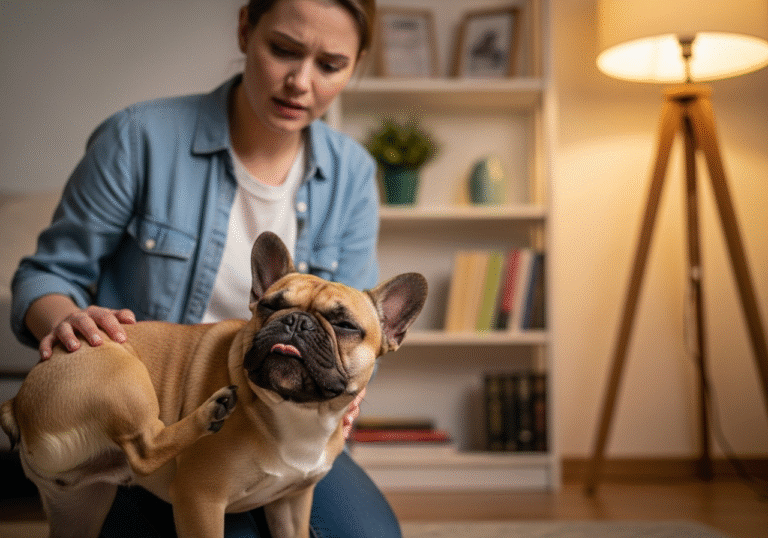 "A warmly lit, high-quality photo of a French Bulldog (a breed prone to allergies) scratching its side, with its owner looking on with concern."