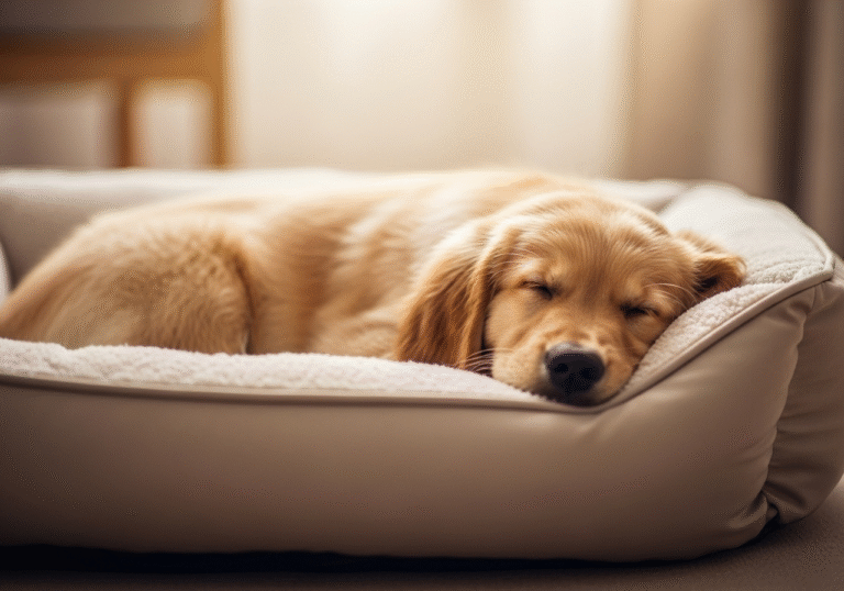 "A peaceful, sleeping golden retriever puppy curled up in a cozy, clean dog bed. The background is soft and out of focus."