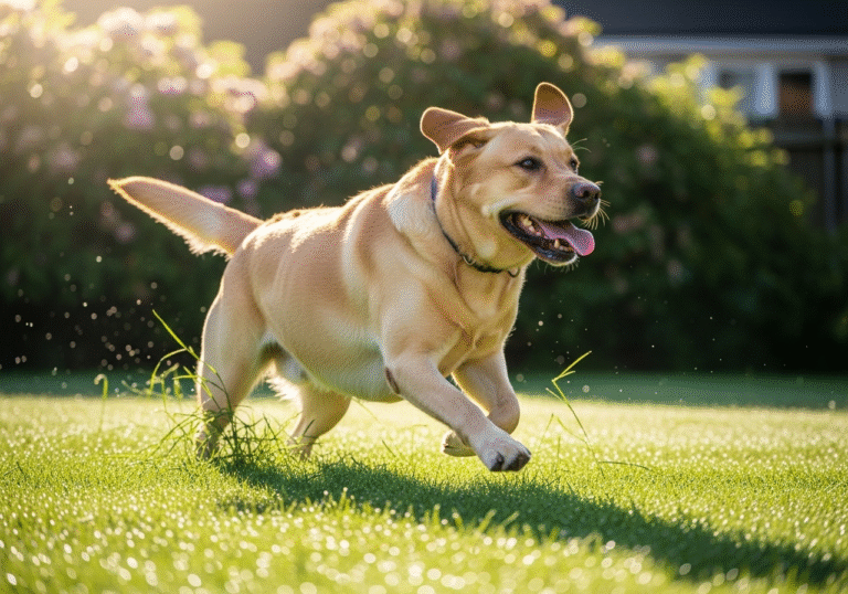 "A happy, healthy-weight Labrador running on a green lawn, full of energy."