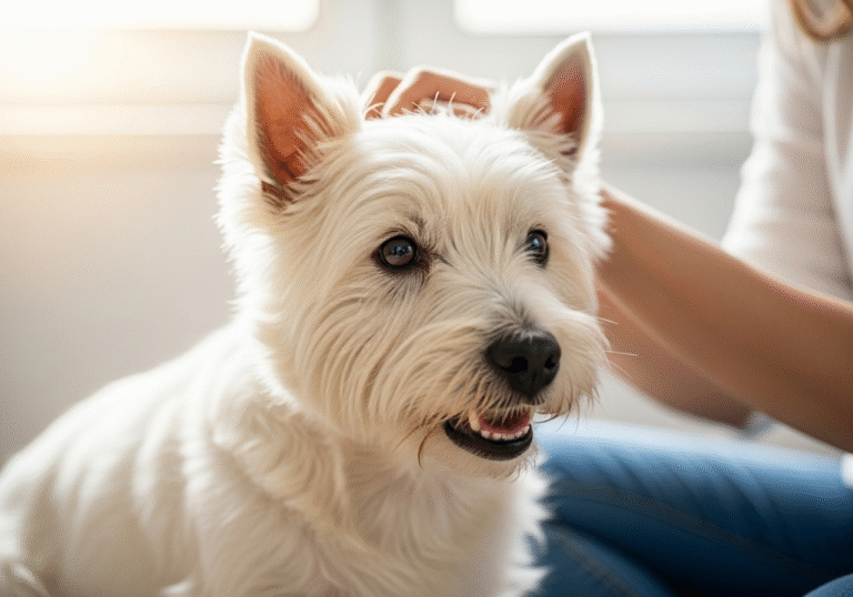 "A bright, high-quality photo of a West Highland White Terrier looking happy and comfortable while being gently petted by its owner."