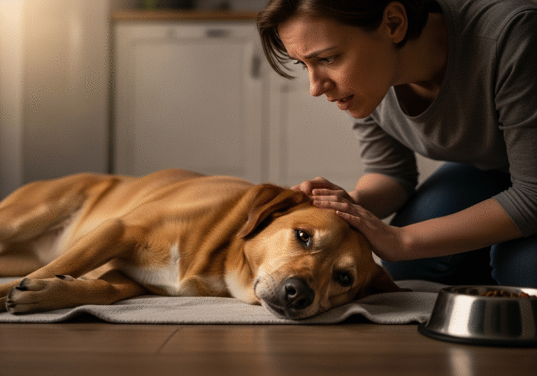 "A concerned pet owner is shown gently comforting their medium-sized dog (like a lab mix), which appears lethargic and unwell, conveying a sense of urgency and care."