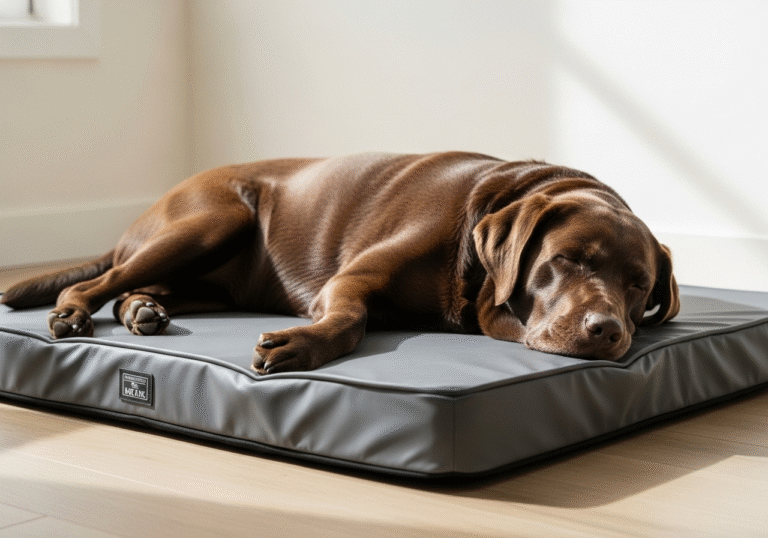 "A senior chocolate Labrador sleeping peacefully on a clean, dark grey waterproof dog bed in a brightly lit room."