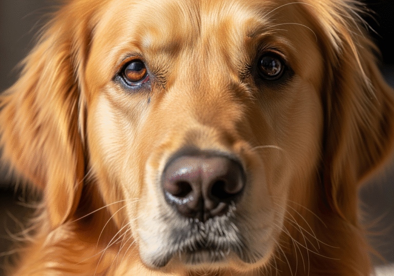 "A clear, close-up photo of a Golden Retriever with one mildly red and watery eye, looking directly at the camera with a gentle expression."