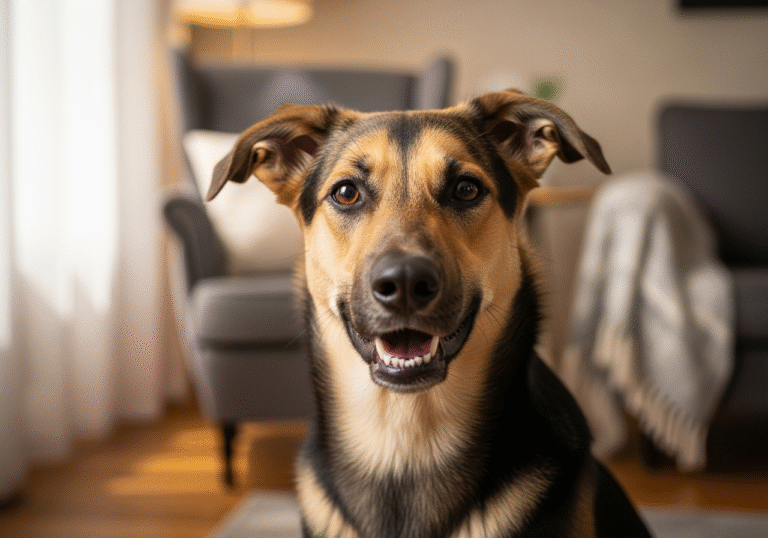 "A calm, happy dog of a typically shy breed (like a Greyhound or Shepherd mix) looking comfortably at the camera in a soft-lit, cozy home environment."