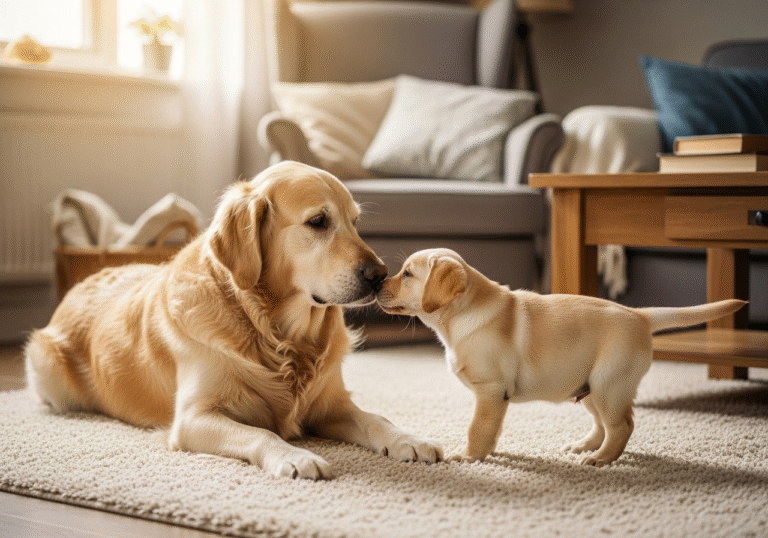 "A calm, older Golden Retriever lying on a soft rug, curiously but gently sniffing a playful Labrador puppy. The background is a warm, inviting living room."