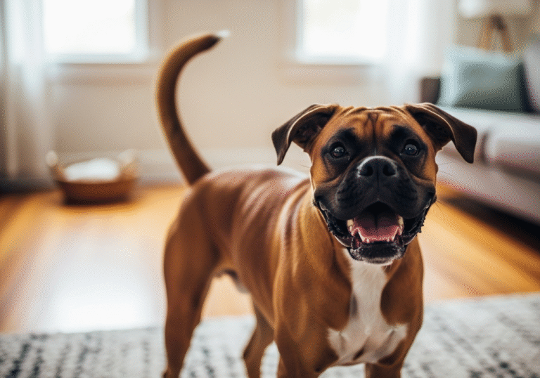 "Happy Boxer dog with a full natural tail wagging in a home environment, showing the importance of tail health"