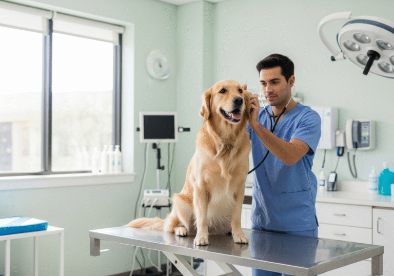 "Golden retriever sitting calmly on examination table while veterinarian performs gentle physical exam in bright, modern clinic"
