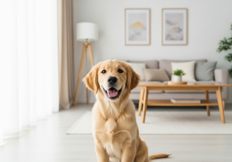 "A bright, cheerful, eye-level photo of a golden retriever puppy sitting happily in the middle of a very clean and tidy living room, looking directly at the camera. The background is clutter-free with soft, natural light from a window."