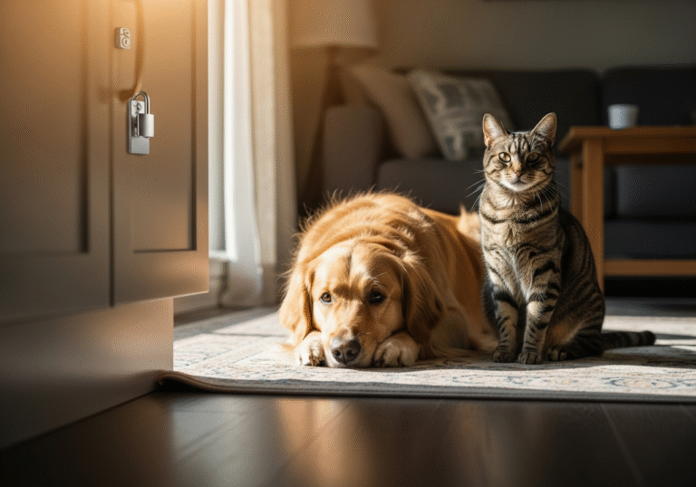 "A warm, slightly out-of-focus shot of a golden retriever and a tabby cat sitting safely in a living room, with a locked cabinet door visible in the foreground."