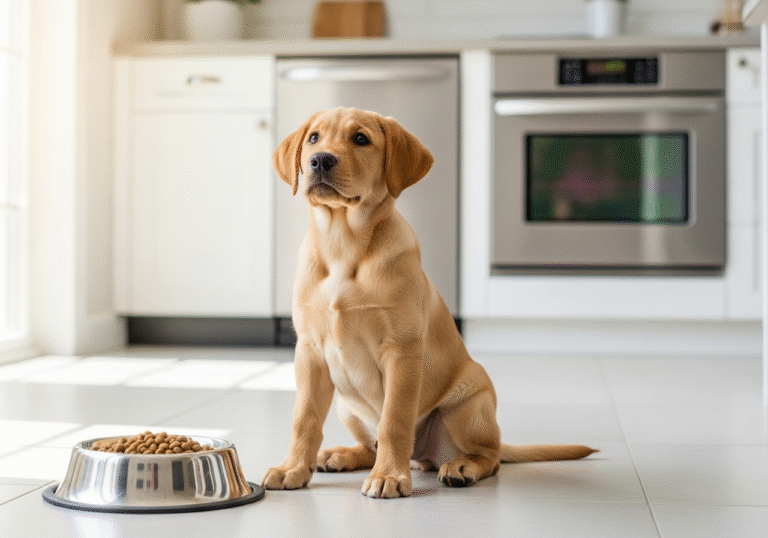 "A bright, cheerful photo of a Labrador puppy sitting patiently beside a full food bowl, looking up at its owner. The background is a clean, modern kitchen."