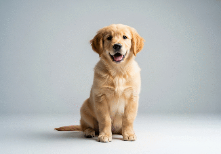 "A vibrant, eye-level shot of a happy, healthy Golden Retriever puppy sitting on a clean, light-grey background, looking directly at the camera."