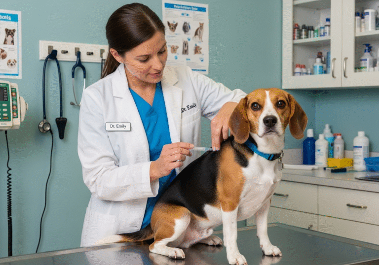 "A veterinarian in blue scrubs carefully applying a spot-on flea treatment between the shoulder blades of a calm, healthy-looking Beagle."