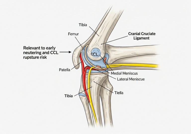 "Dog knee joint anatomy showing cranial cruciate ligament location relevant to early neutering and CCL rupture risk"