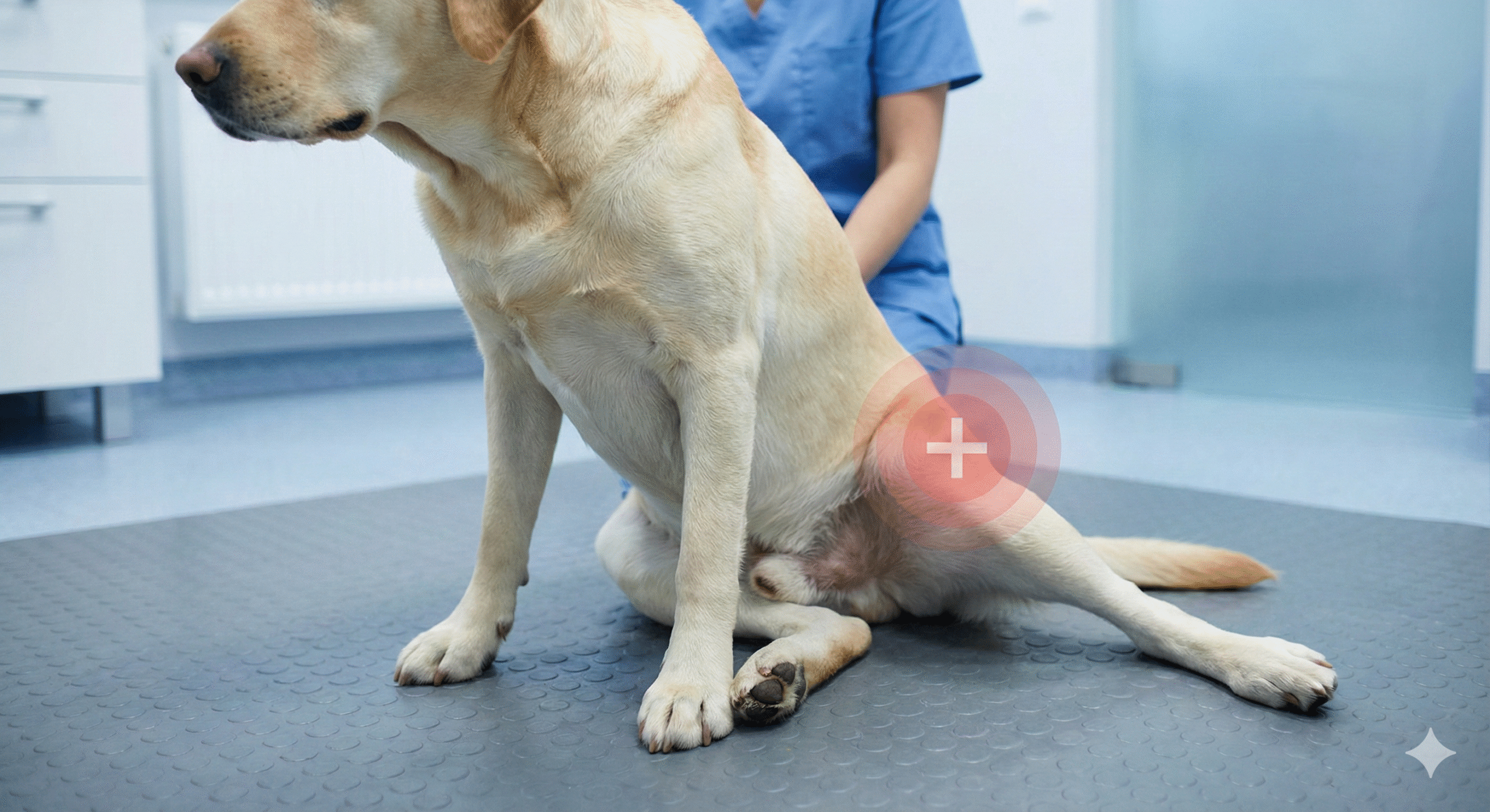 A dog demonstrating a "lazy sit" posture, a common early sign of arthritis in dogs where they avoid flexing a painful joint