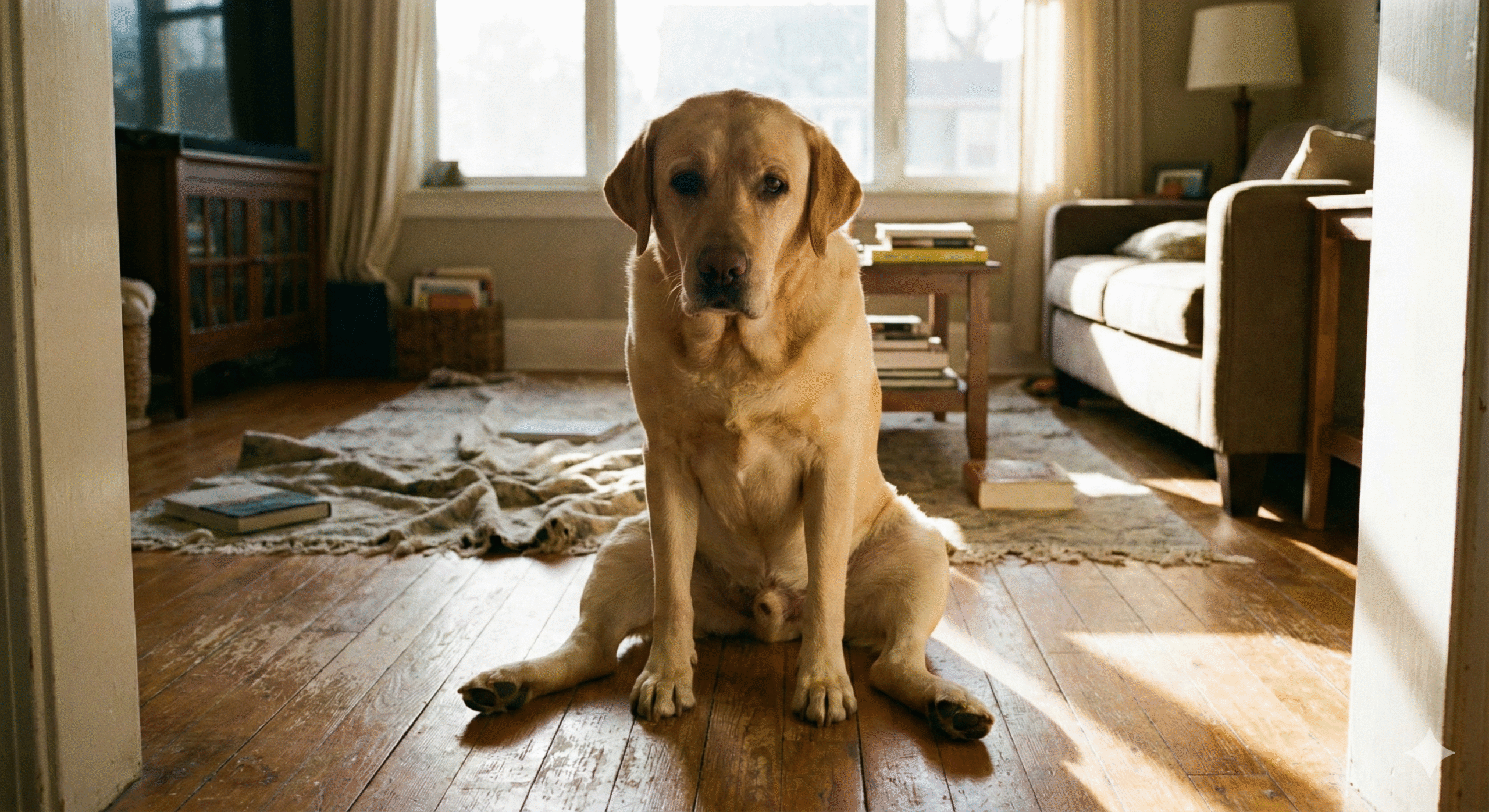 Dog unable to sit or rise quickly due to hip stiffness.